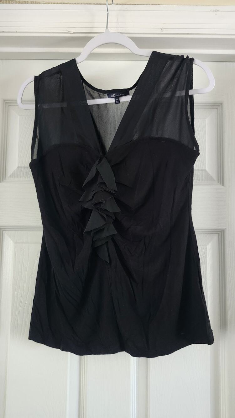 AK Anne Klein Black Sleeveless Ruffle Sheer Mesh Neck Top Women's Size M #344